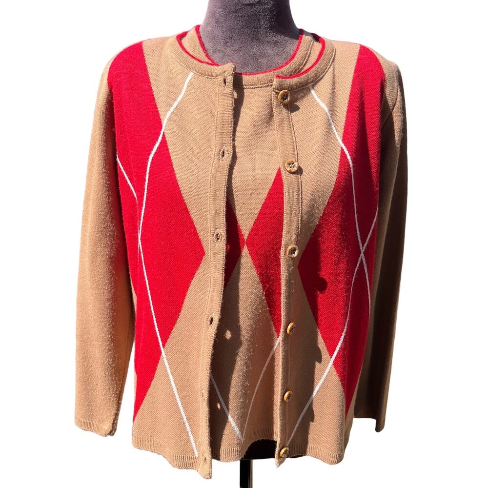 VINTAGE Argyle Karen Lessly Sweater Set Cardigan Vest  Red Cappuccino PS